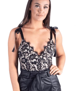 Bubu Tops Black Eyelash Ribbon Plunge Bodysuit