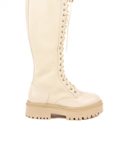 Bubu Cream PU Knitted Lace Up Sock Boot Shoes