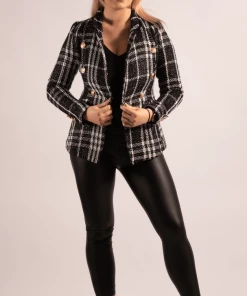 Bubu Black & White Check Gold Button Blazer Jackets & Gilets