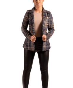 Bubu Jackets & Gilets Camel & Navy Check Gold Button Blazer