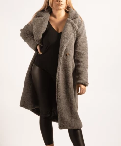 Bubu Dark Grey Longline Borg Teddy Coat Jackets & Gilets