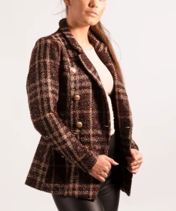 Bubu Jackets & Gilets Wine & Sand Check Gold Button Blazer