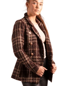 Bubu Jackets & Gilets Wine & Sand Check Gold Button Blazer