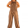 Bubu Dresses Mocha Slinky Belted Jumpsuit With Leg Split