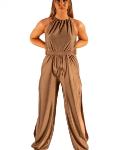 Bubu Dresses Mocha Slinky Belted Jumpsuit With Leg Split