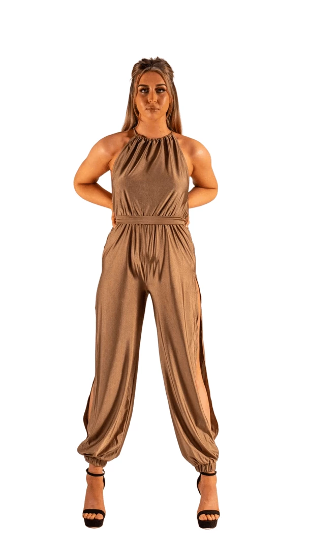 Bubu Dresses Mocha Slinky Belted Jumpsuit With Leg Split 3 Bubu Dresses Mocha Slinky Belted Jumpsuit With Leg Split