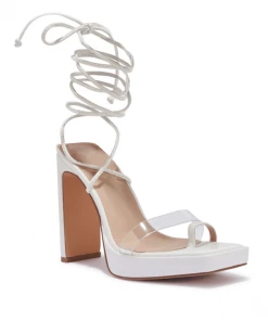 Bubu White Square Toe Block Tie Up Heels