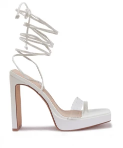 Bubu White Square Toe Block Tie Up Heels