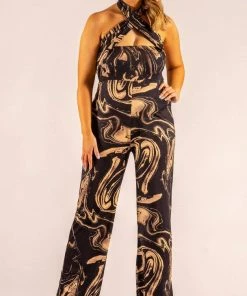 Bubu Beige Marble Cross Over Halterneck Jumpsuit Dresses