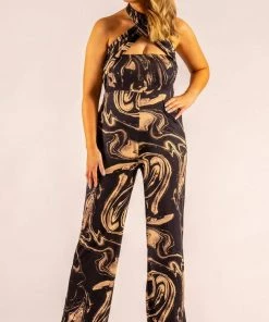 Bubu Beige Marble Cross Over Halterneck Jumpsuit Dresses