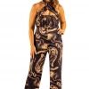 Bubu Beige Marble Cross Over Halterneck Jumpsuit Dresses