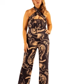 Bubu Beige Marble Cross Over Halterneck Jumpsuit Dresses