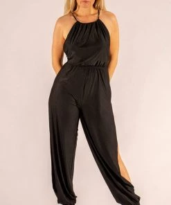 Bubu Black Belted Slinky Jumpsuit With Leg Split