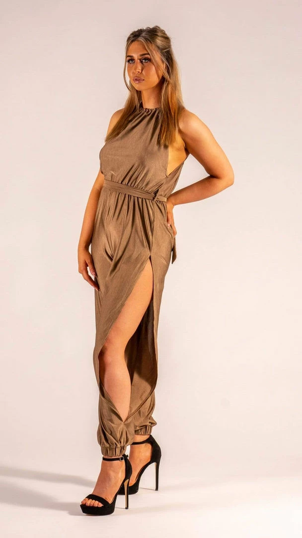 Bubu Dresses Mocha Slinky Belted Jumpsuit With Leg Split 4 Bubu Dresses Mocha Slinky Belted Jumpsuit With Leg Split