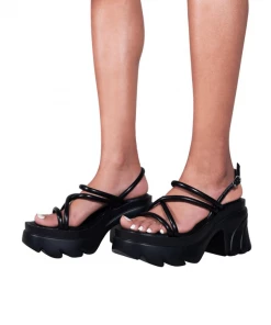 Bubu Black PU Chunky Sole Sandals Heels