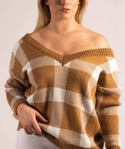 Bubu Knitwear Brown Check V Neck Jumper