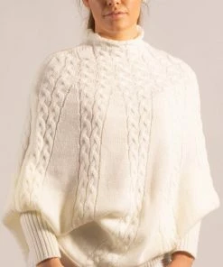 Bubu White Knitted High Neck Poncho