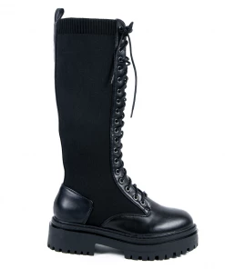 Bubu Black PU Lace Up Knitted Sock Boot