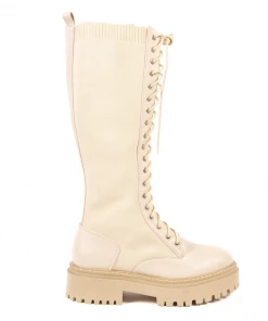 Bubu Cream PU Knitted Lace Up Sock Boot Shoes
