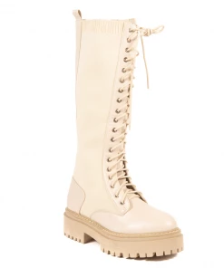 Bubu Cream PU Knitted Lace Up Sock Boot Shoes