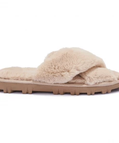 Bubu Shoes Fluffy Cross Slipper Beige