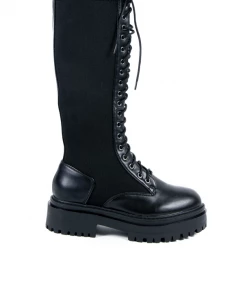 Bubu Black PU Lace Up Knitted Sock Boot