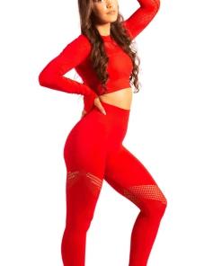 Bubu Gym Leggings - Red High Waisted With Crop Top
