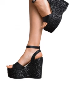 Bubu Black PU Rattan Wedges Shoes