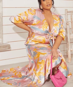 Chi Chi London Tie Dye Front Dip Hem Dress Plus Size